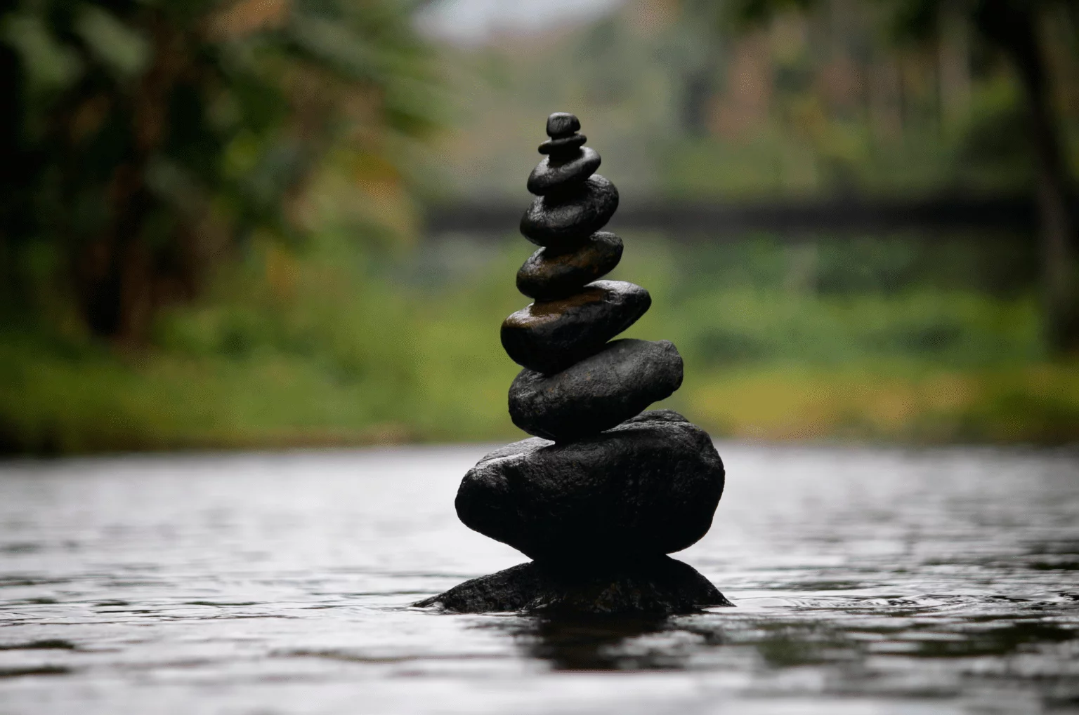 Piled black stone on water in nature zoomed