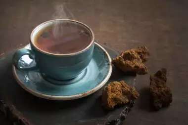 Warmer Chaga Tee in einer blau-grünen Tasse mit Chaga Stücken daneben