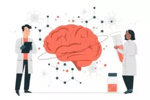 Illustration der Analyse des Gehirns von einem wissenschaftlichem Mann und eine wissenschaftlichen Frau
