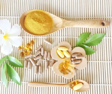 Vitaminkapseln, Pulver, Kapsel und Tablette in Holzlöffel mit ein paar Pflanzen drumherum