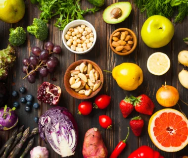Holztisch mit gesunden Lebensmitteln die Vitamin D enthalten